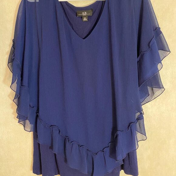 2- Womens 2X Navy Blue Layered Ruffle Chiffon Overlay Top & Lace Stripe Blouse - Picture 2 of 12